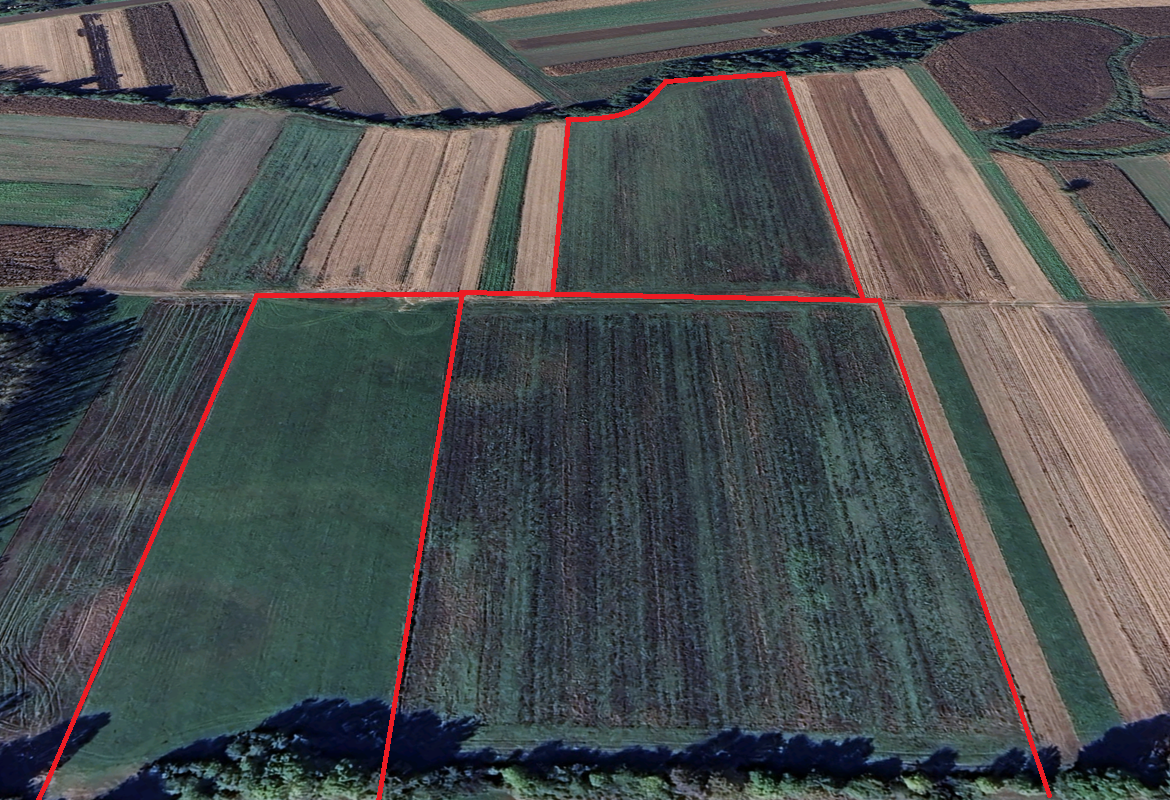 Aerial view of three agricultural fields targeted by irrigation